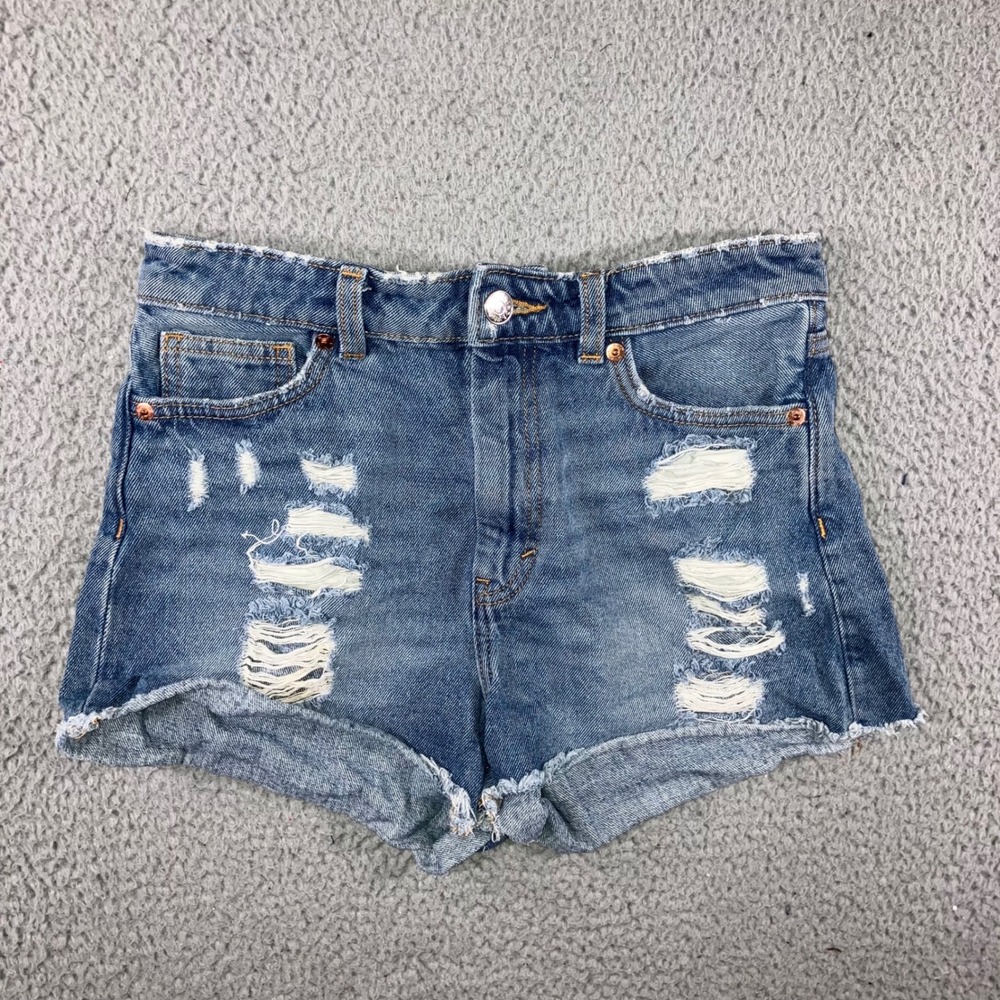 Monki Jean Shorts Women 26 28x1.5 Blue Distressed Frayed High Rise Boho Western